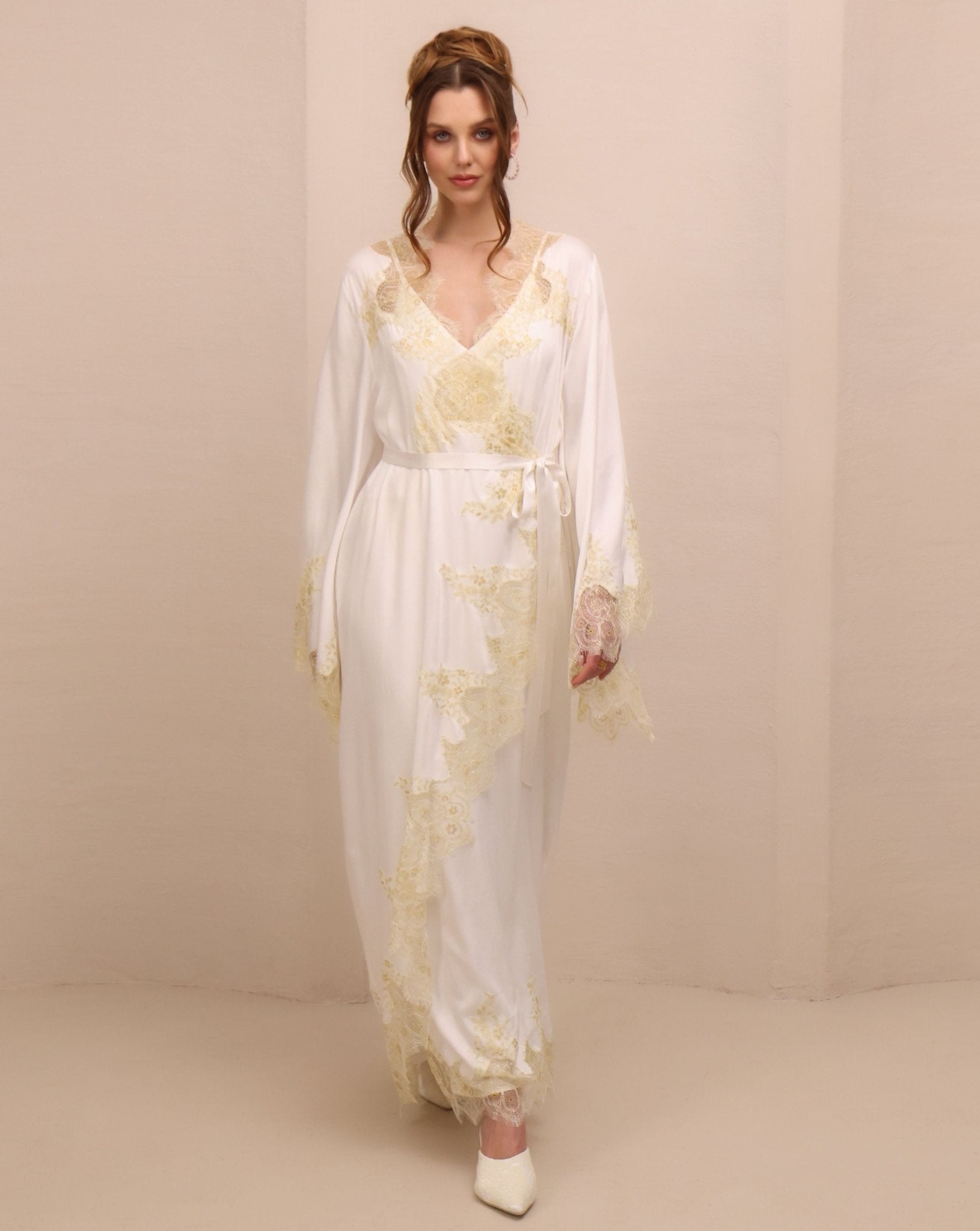 A dynamic motion shot of the  Bridal Robe and Nightgown Set, capturing how the lightweight material moves with every step.