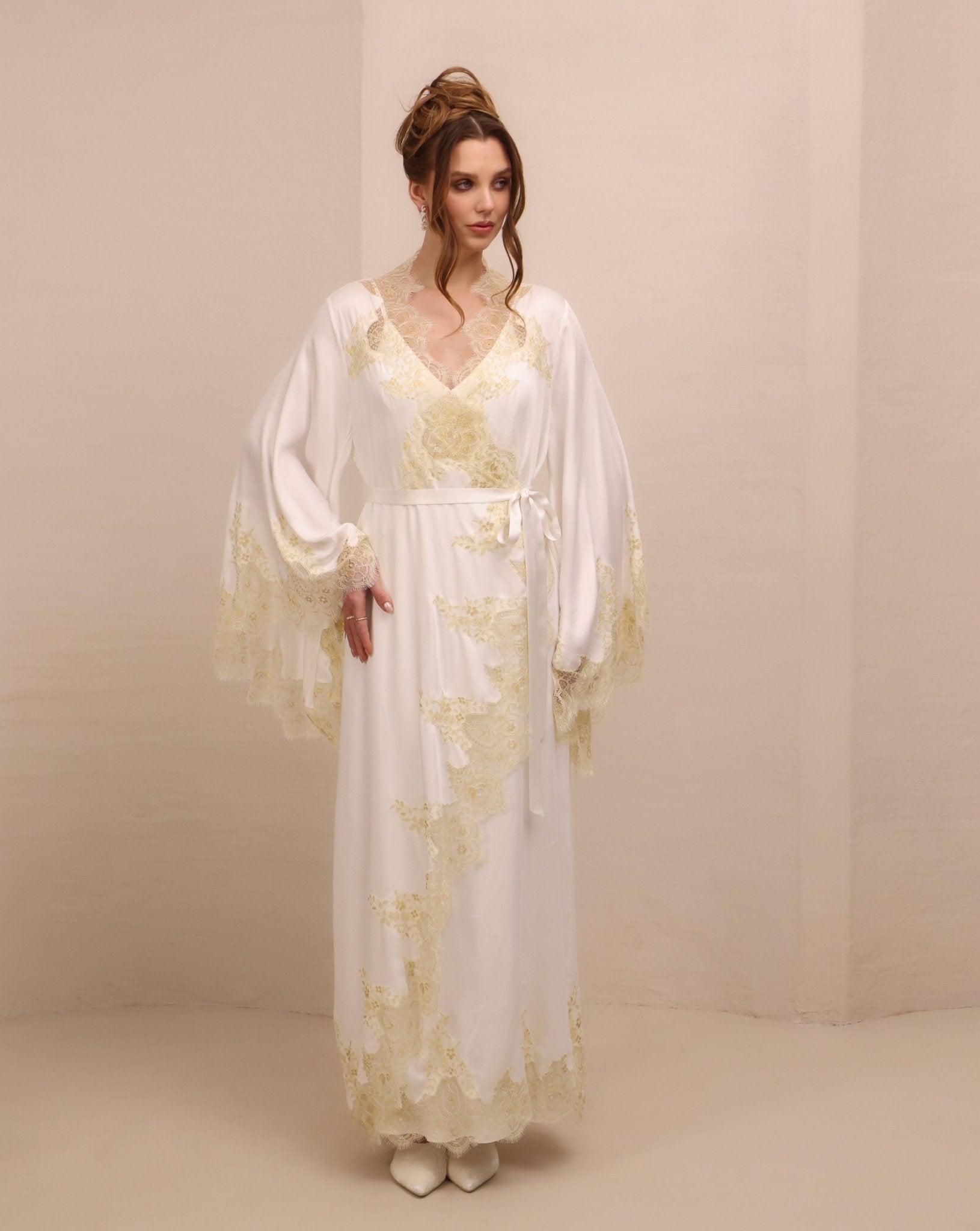 Frontal view of the  Bridal Robe and Nightgown Set, showcasing the refined lace tracing the neckline and wide sleeves.