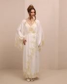 Frontal view of the  Bridal Robe and Nightgown Set, showcasing the refined lace tracing the neckline and wide sleeves.