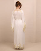 Rear perspective of the ensemble, illustrating the long silhouette and the effortless drape of the soft rayon fabric.
