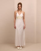Frontal view of the  Bridal Robe and Nightgown Set's inner slip, featuring cups with no padding for a natural, light feel.
