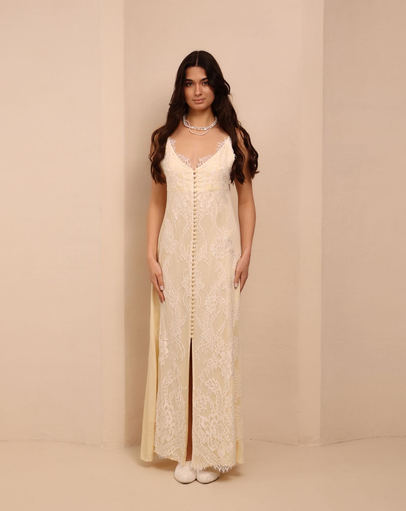 Frontal view of the viscose nightgown, focusing on the button-down front and white lace trimming along the neckline.