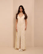 Frontal view of the viscose nightgown, focusing on the button-down front and white lace trimming along the neckline.