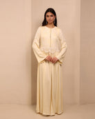 Frontal view of the high-neck nightgown with long sleeves, designed for women seeking full coverage and elegance.