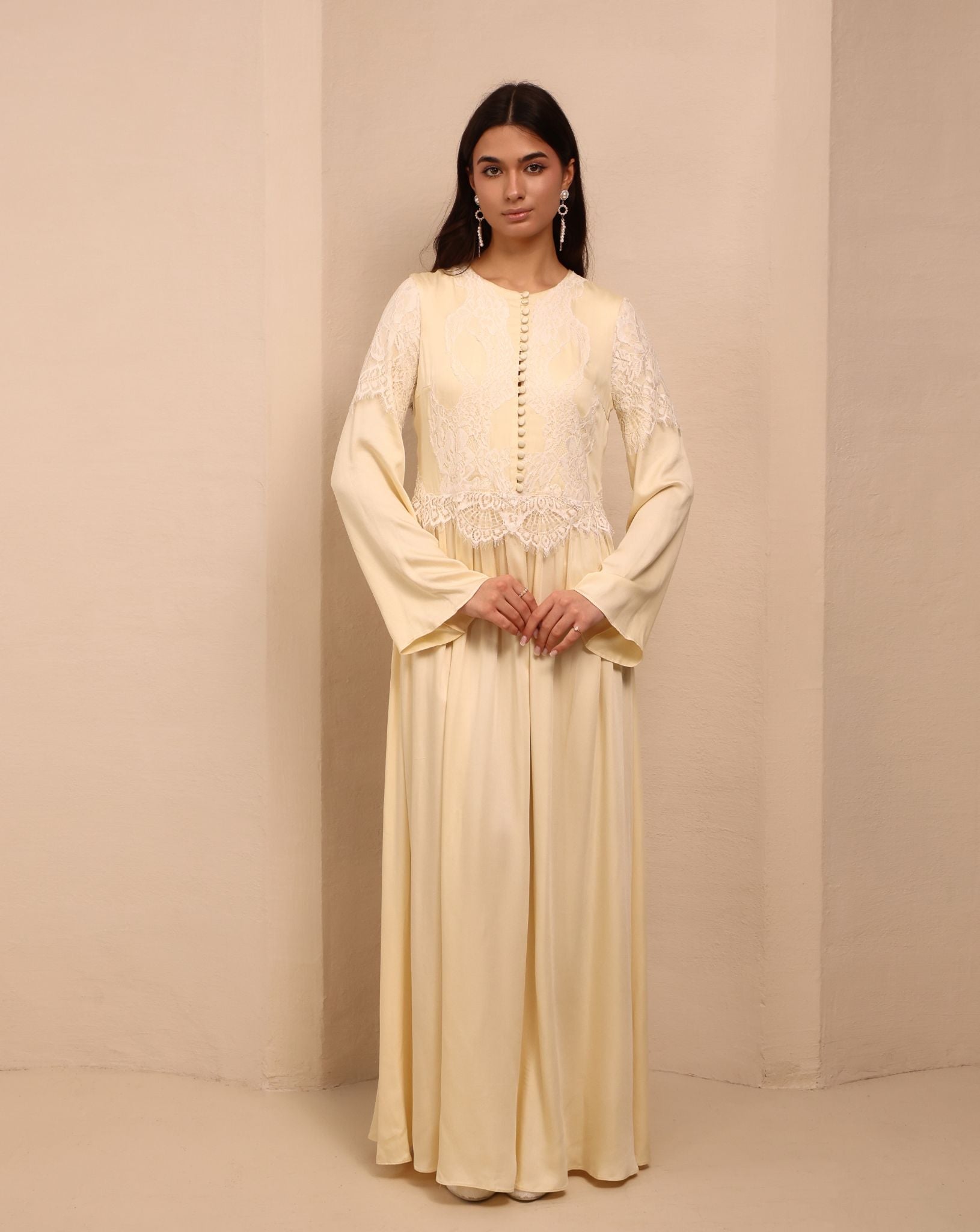 Frontal view of the high-neck nightgown with long sleeves, designed for women seeking full coverage and elegance.