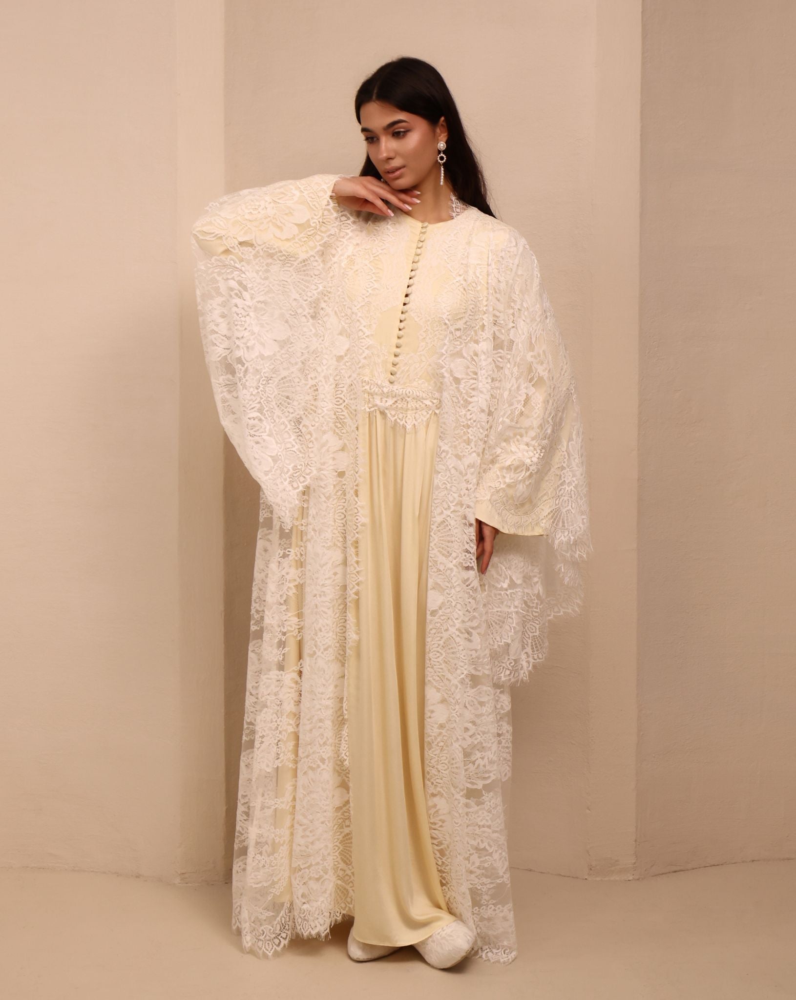 A full-length view of the open Robe and Nightgown Set, highlighting the wide bell sleeves and flowing lace.