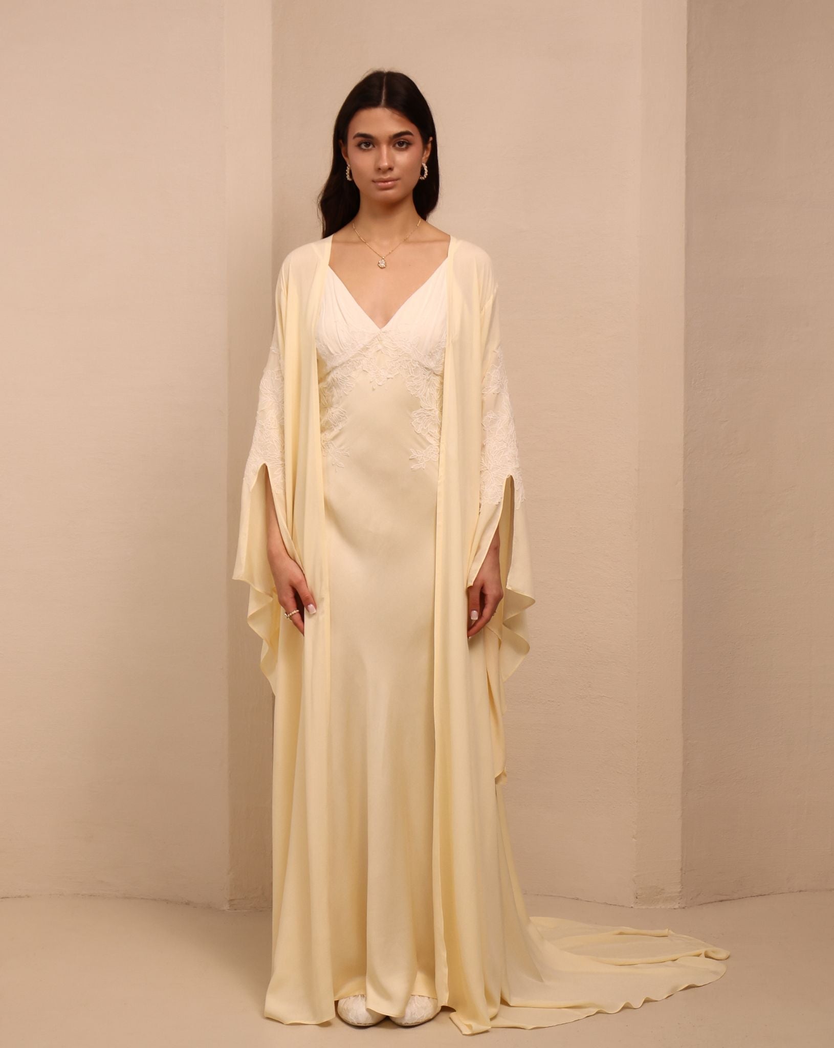 A static frontal view of the Robe and Nightgown Set, showcasing the soft sheen and refined silhouette.