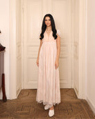 Full-height shot of the Cotton Robe and Nightgown Set nightdress, highlighting the lace shoulders and tiered skirt.