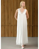 Front view of a white Robe and Nightgown Set nightdress, featuring a loose fit and delicate lace-trimmed neckline.