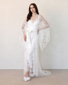 Woman wearing sheer lace robe over cotton nightgown, full front view – Bridal Robe and Nightgown Set