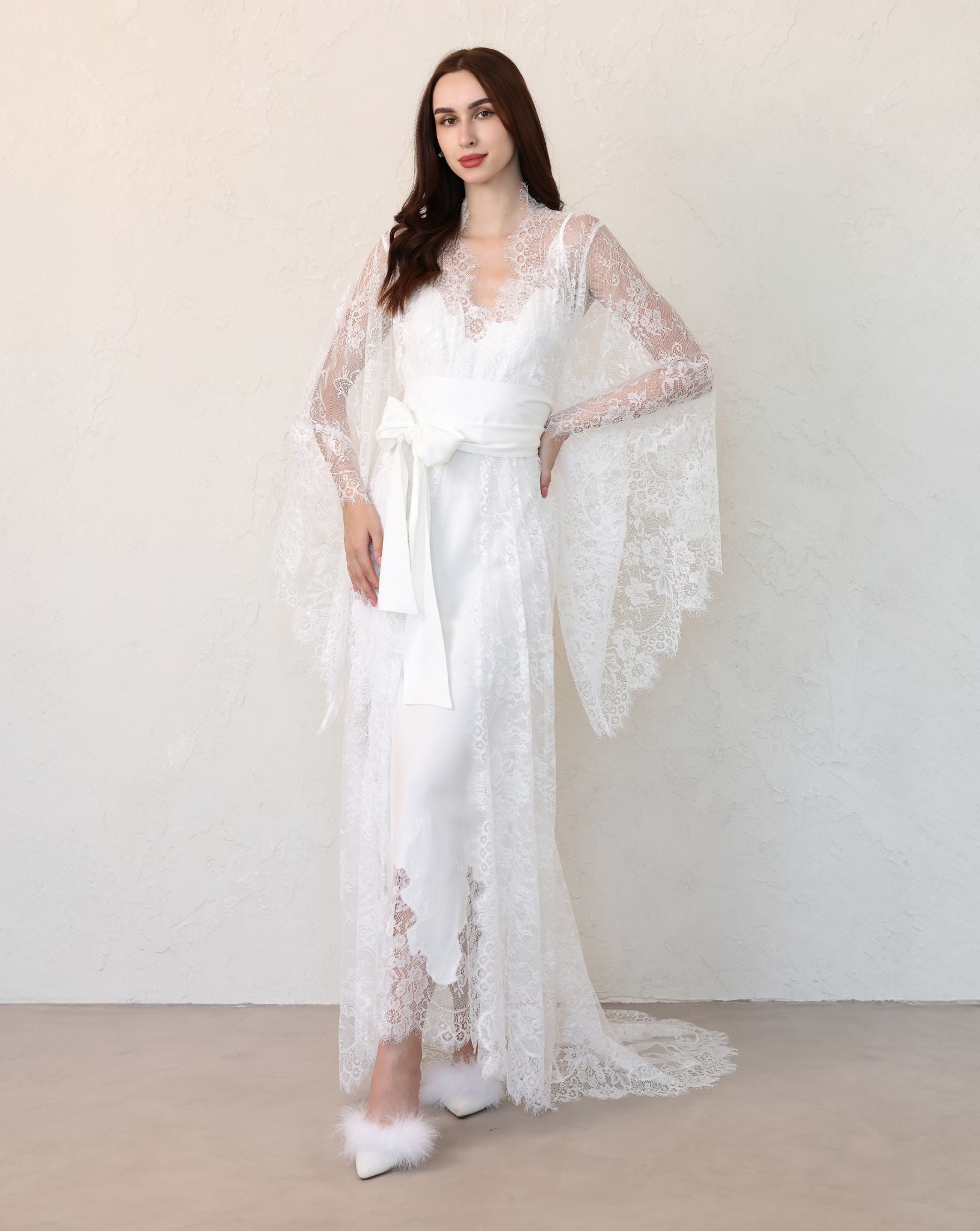 Woman wearing sheer lace robe over cotton nightgown, full front view – Bridal Robe and Nightgown Set