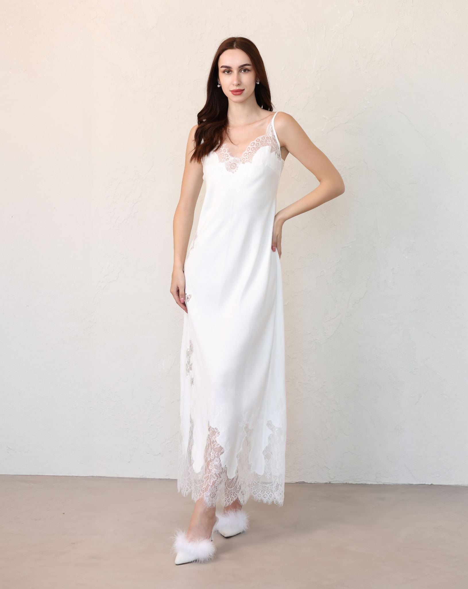 Full-length view of cotton slip dress with scalloped lace detail