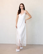 Full-length view of cotton slip dress with scalloped lace detail
