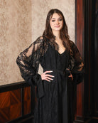 Mid-length view of the Robe and Nightgown Set, featuring a matte satin sash that beautifully defines the waist.