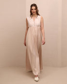 Frontal shot of the loose-fitting nightdress featuring discreet buttons for easy and quick breastfeeding access.