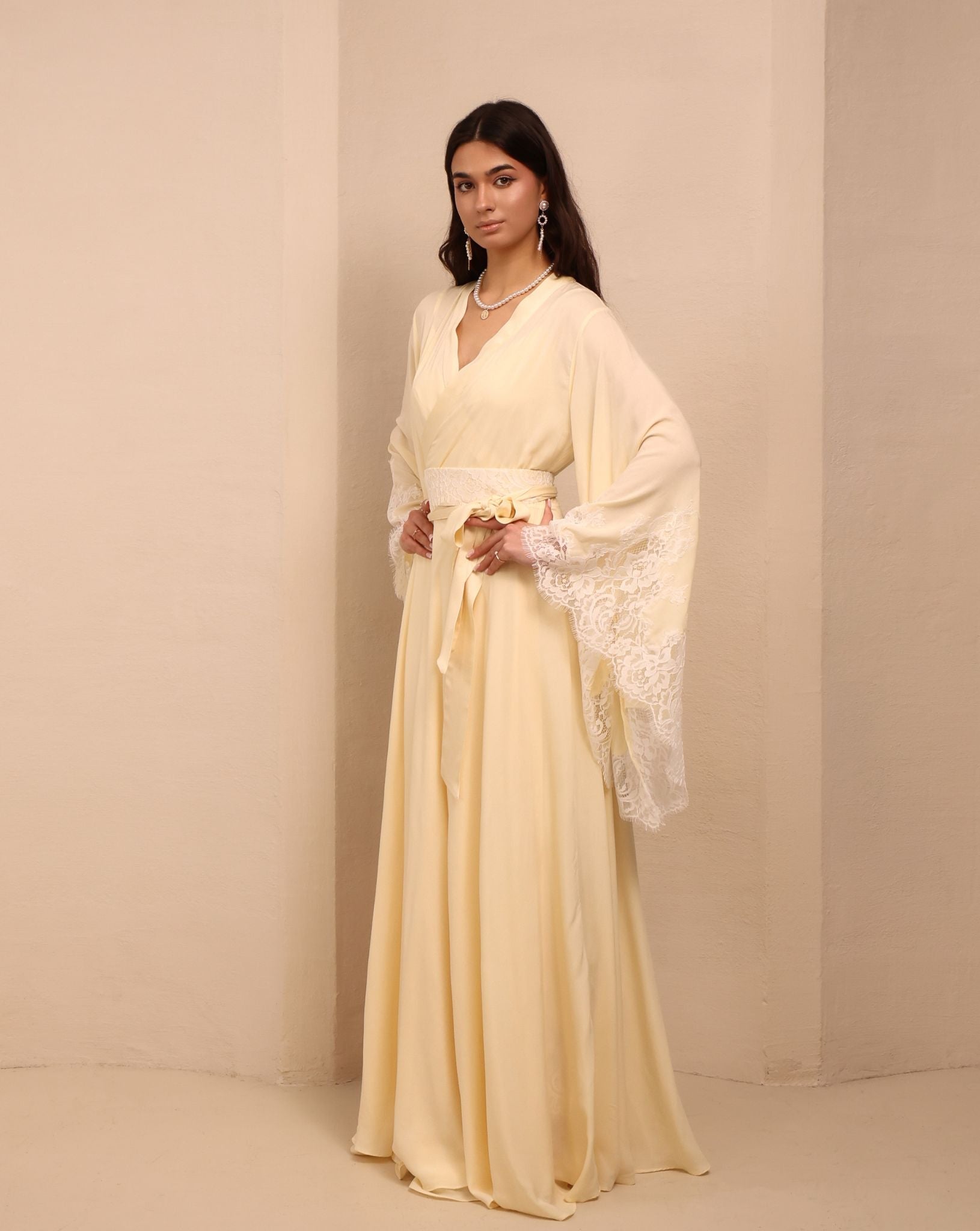 A static frontal shot of the Robe and Nightgown Set tied at the waist for a regal and composed presence.