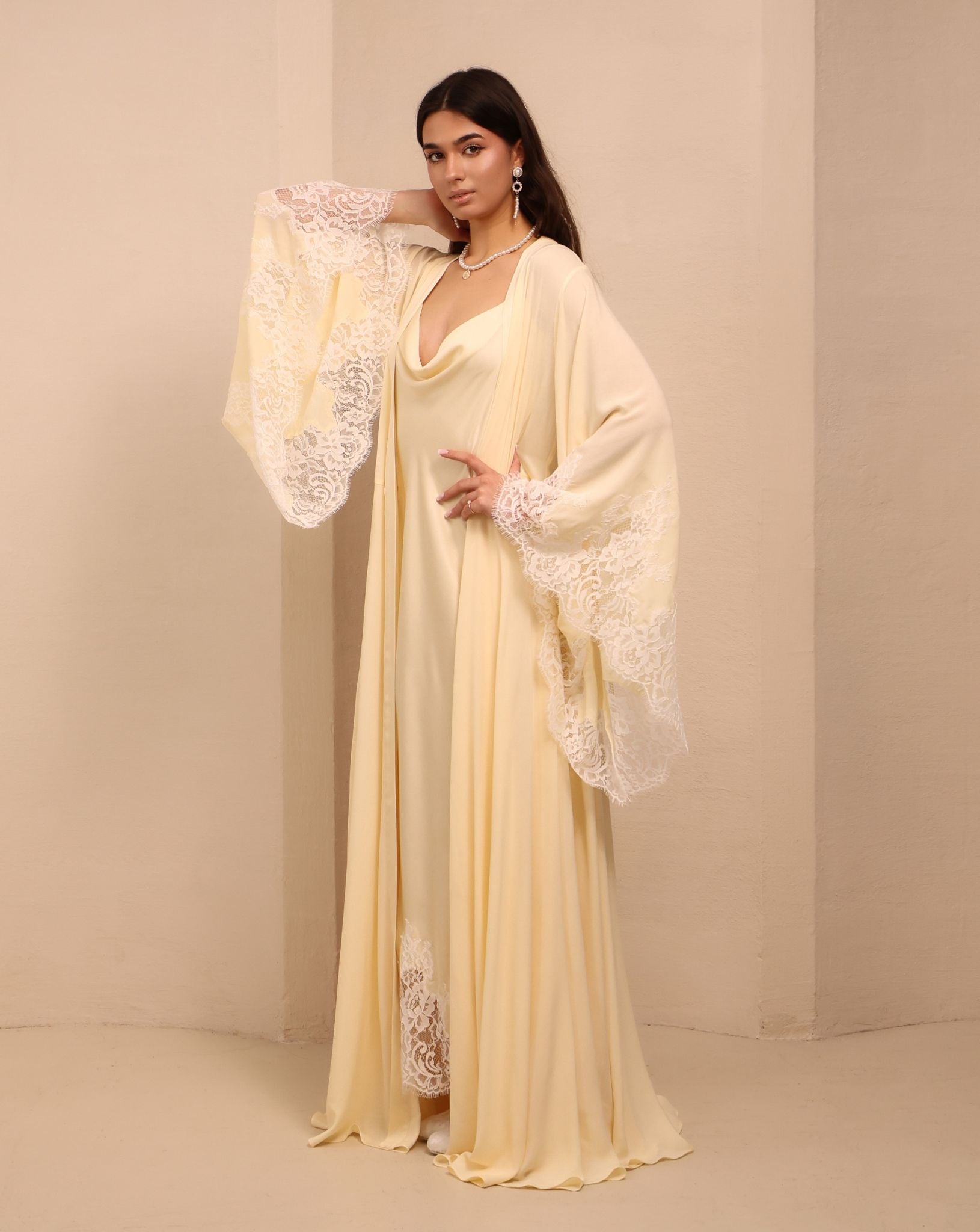A poised full-height shot of the Robe and Nightgown Set, perfect for bridal gifting or elevating routines.