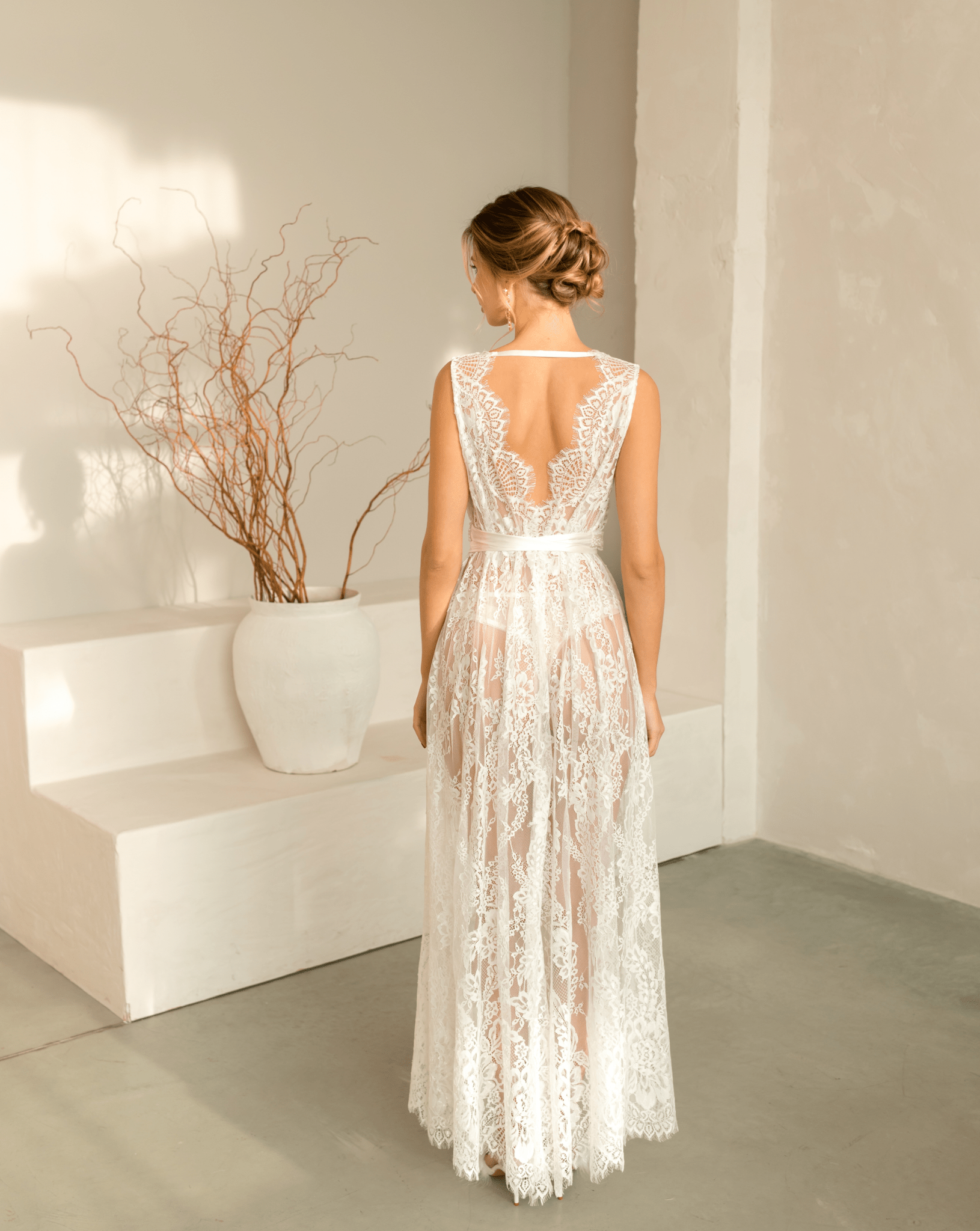 Back view of the Eline bridal nightdress, featuring a beautiful deep neckline and intricate lace trim.