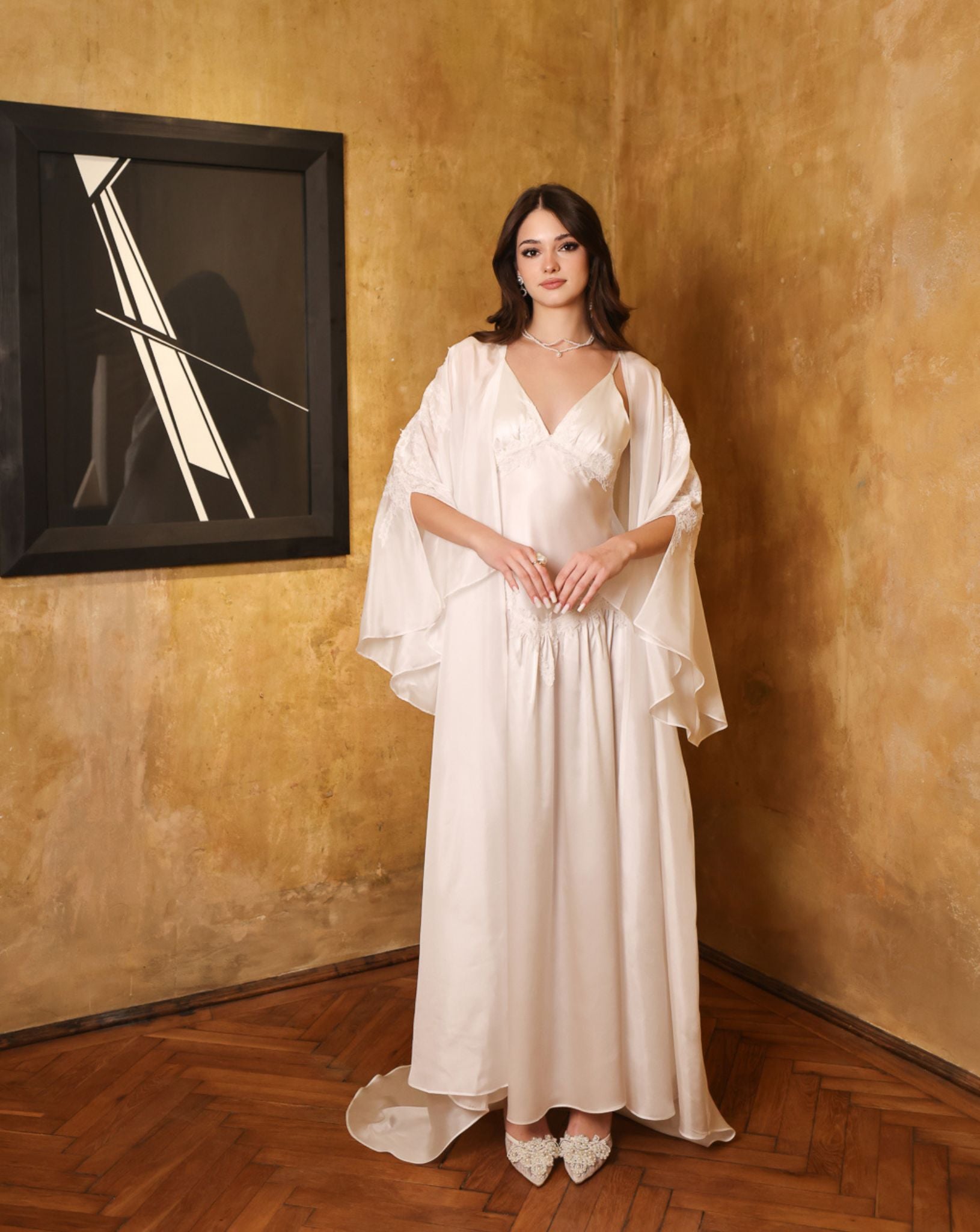Full-length front view of the Silk Robe and Nightgown Set, perfect for morning rituals and special bridal moments.
