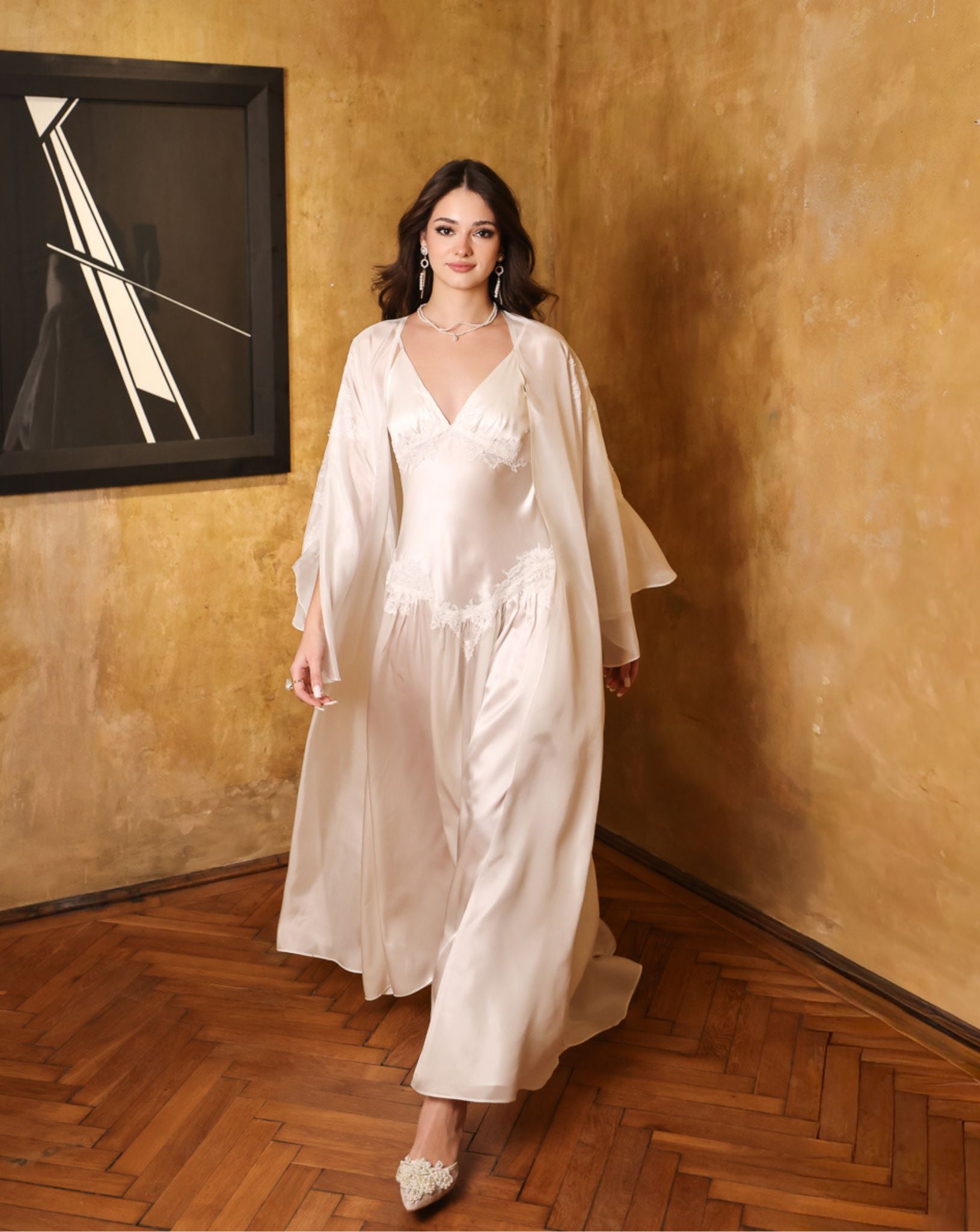 A flowing Silk Robe and Nightgown Set in motion, showcasing the airy mulberry silk and elegant bridal silhouette.