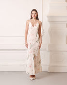 Front view of a structured silk crepe nightgown featuring a delicate floral pattern and a flattering silhouette.
