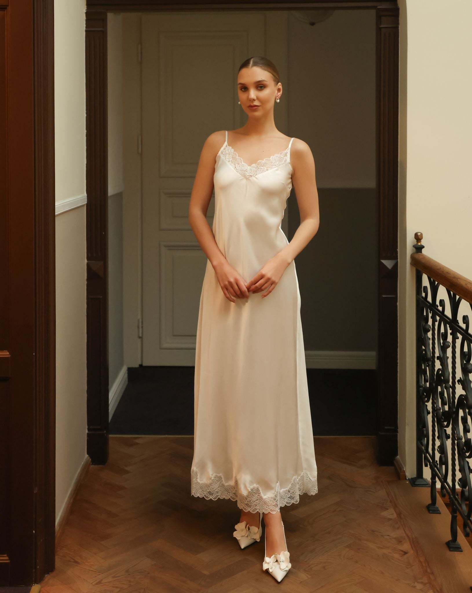 Frontal view of the silk satin nightgown, highlighting the smooth texture and flattering, elegant silhouette.