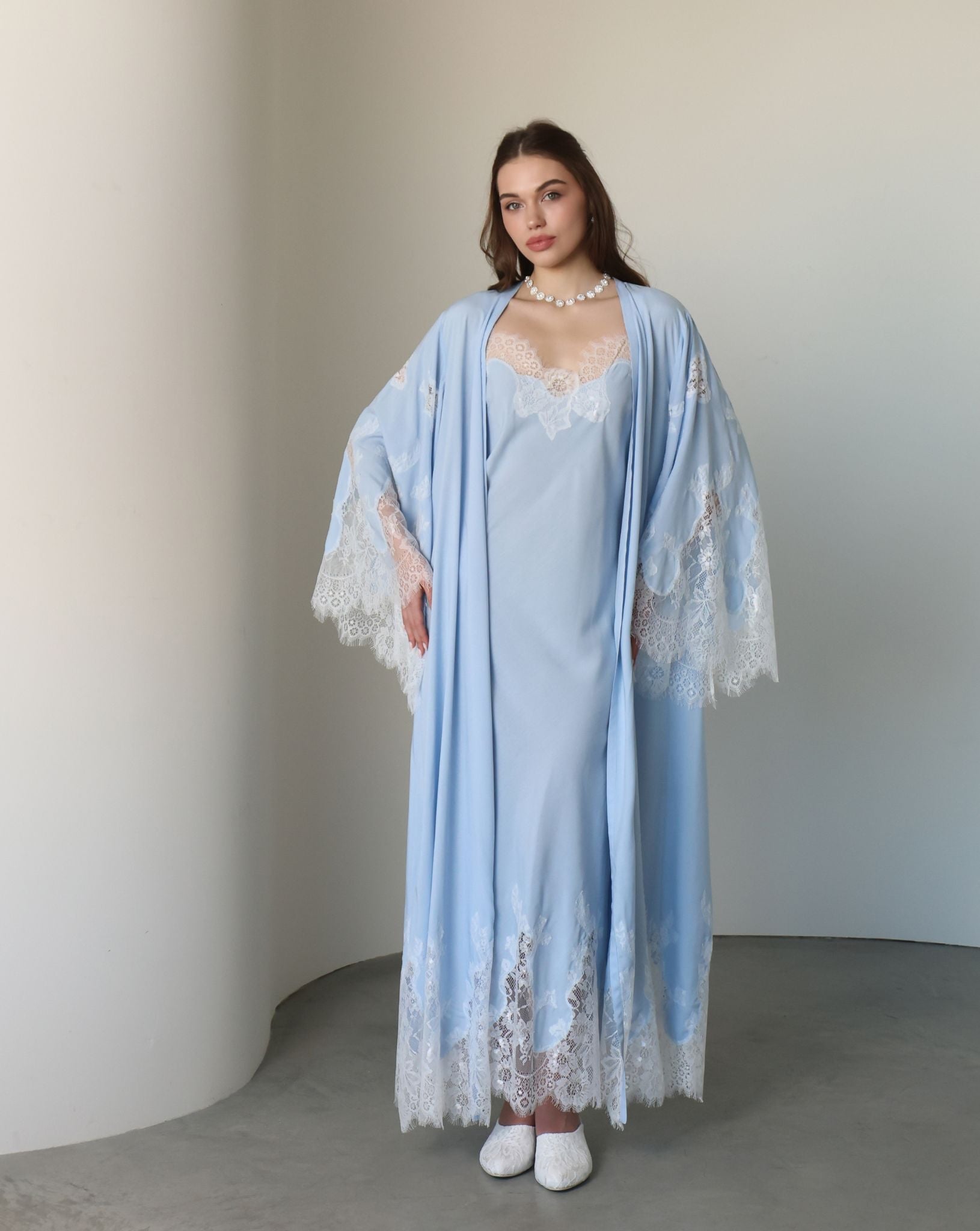 A full-length frontal shot of the Robe and Nightgown Set, showcasing the soft, structured drape of high-quality cotton.