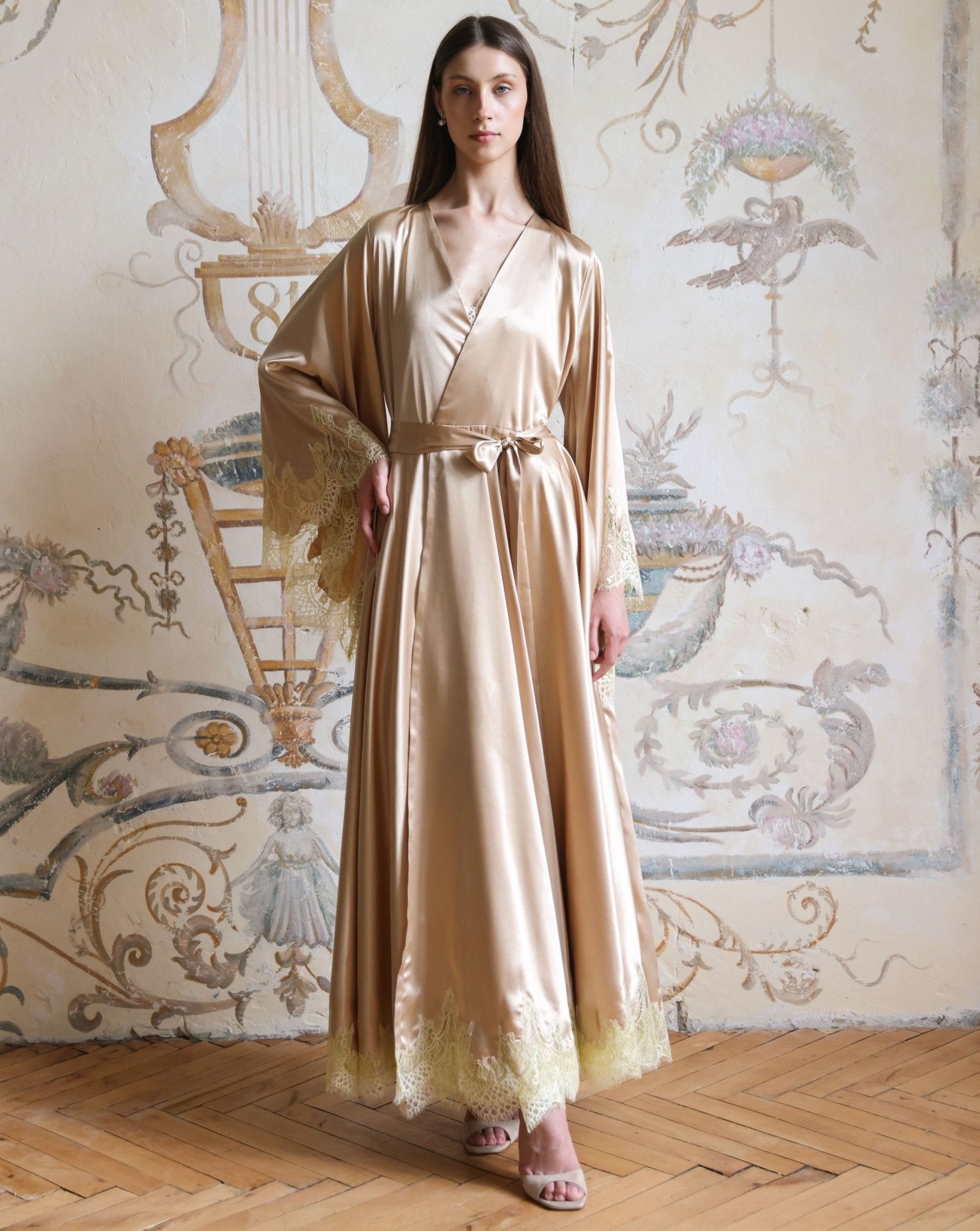A static full-length view of the Satin Robe and Nightgown Set with a belted waist for a refined home look.
