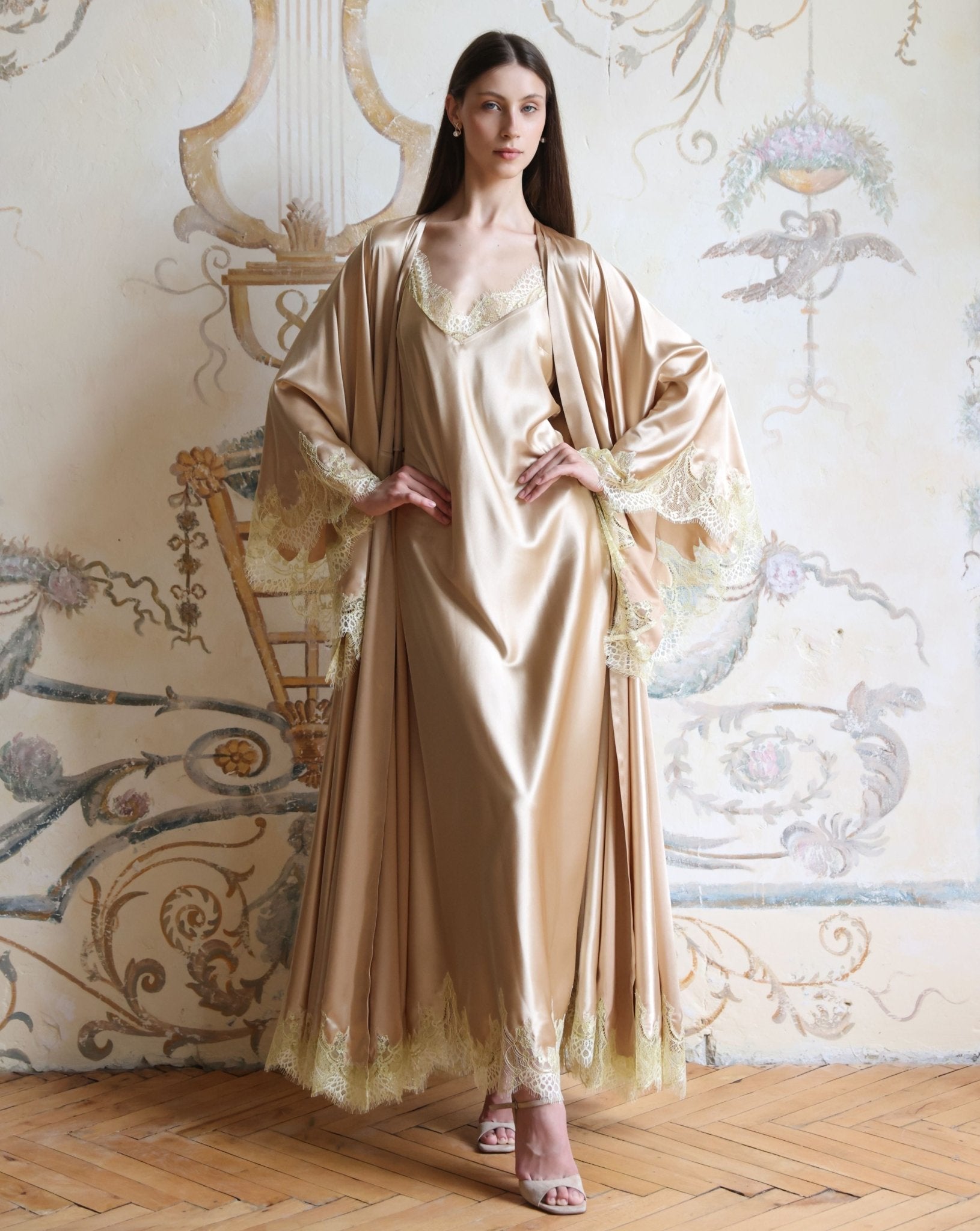 A straightforward static pose in the complete Satin Robe and Nightgown Set, designed for ultimate relaxation.