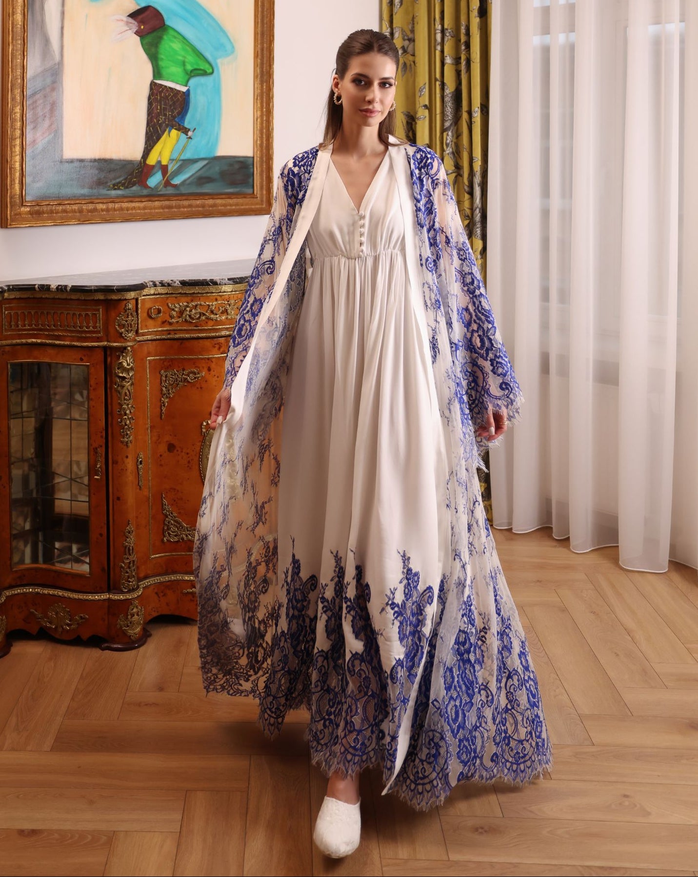 A full-length view of the Robe and Nightgown Set in motion, showcasing the flowing cotton and airy lace layers.