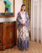 Mid-length view of the tied lace robe over the cotton dress, highlighting the supportive and feminine fit.
