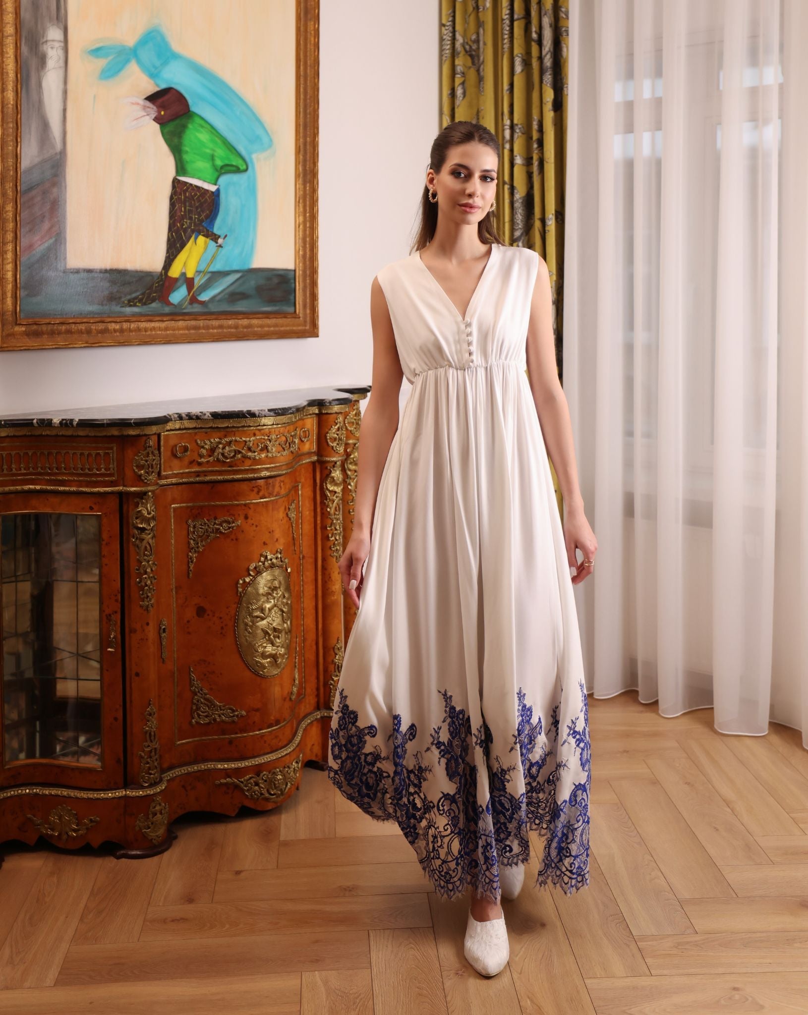 A motion shot of the Robe and Nightgown Set dress, capturing the light and breathable nature of the cotton fabric.