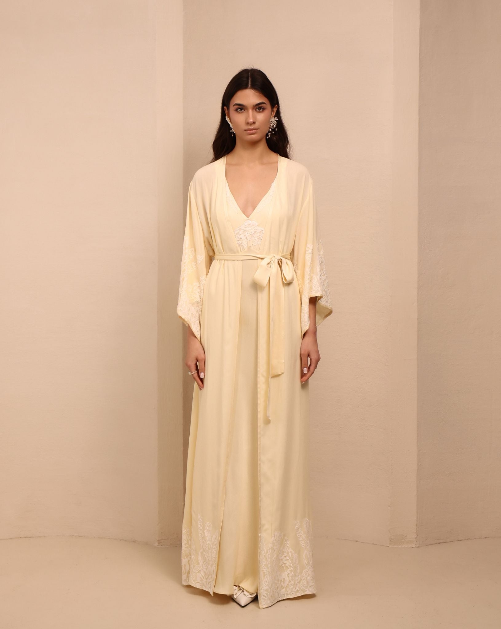 A static frontal view of the Robe and Nightgown Set tied with a sash, showcasing an elegant and refined finish.