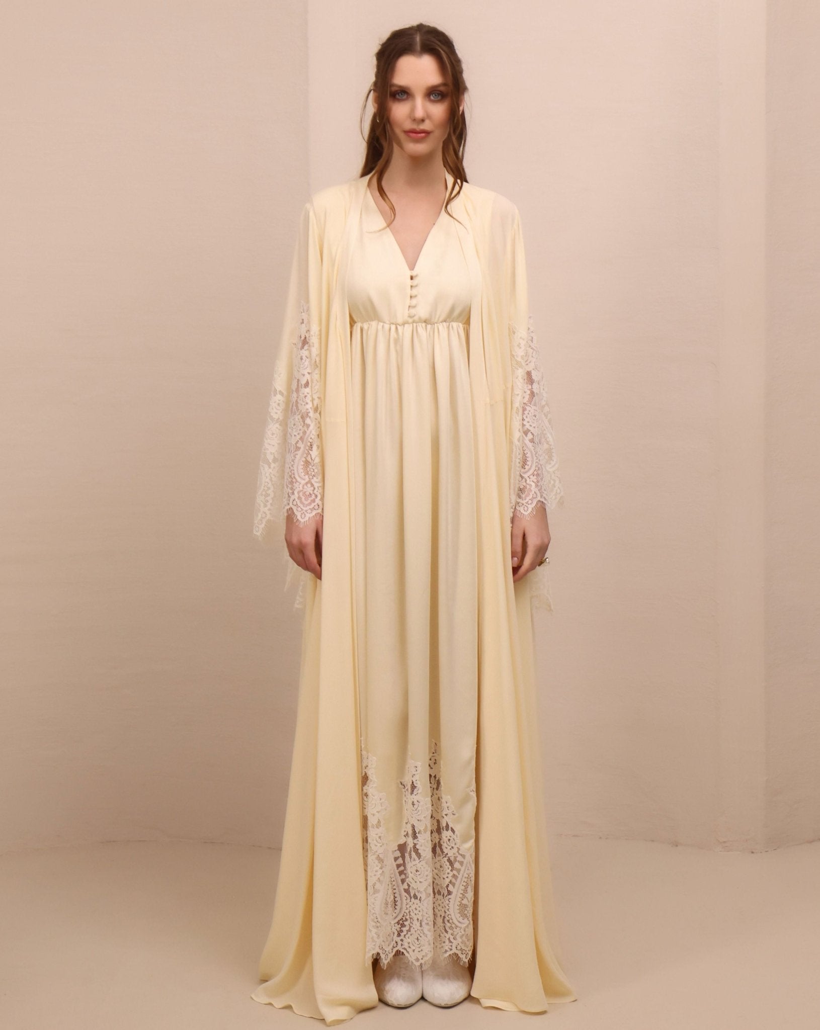 A serene static view of the ensemble, designed to blend timeless beauty with everyday comfort for mothers-to-be.