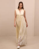 Frontal view of the long nightgown, featuring adjustable straps and buttons for easy breastfeeding access.