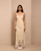 A serene static portrait of the Robe and Nightgown Set, focusing on the gentle cotton-blend and poetic feel.