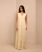 A static view of the sleeveless nightgown, featuring functional buttons at the neckline for effortless nursing.