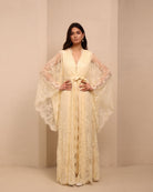 A frontal shot of the Maternity Robe and Nightgown Set tied at the waist, illustrating a neat and feminine fit.