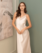 Mid-length view of the pure silk nightdress, focusing on the wider fit and the cool, calming surface of the fabric.