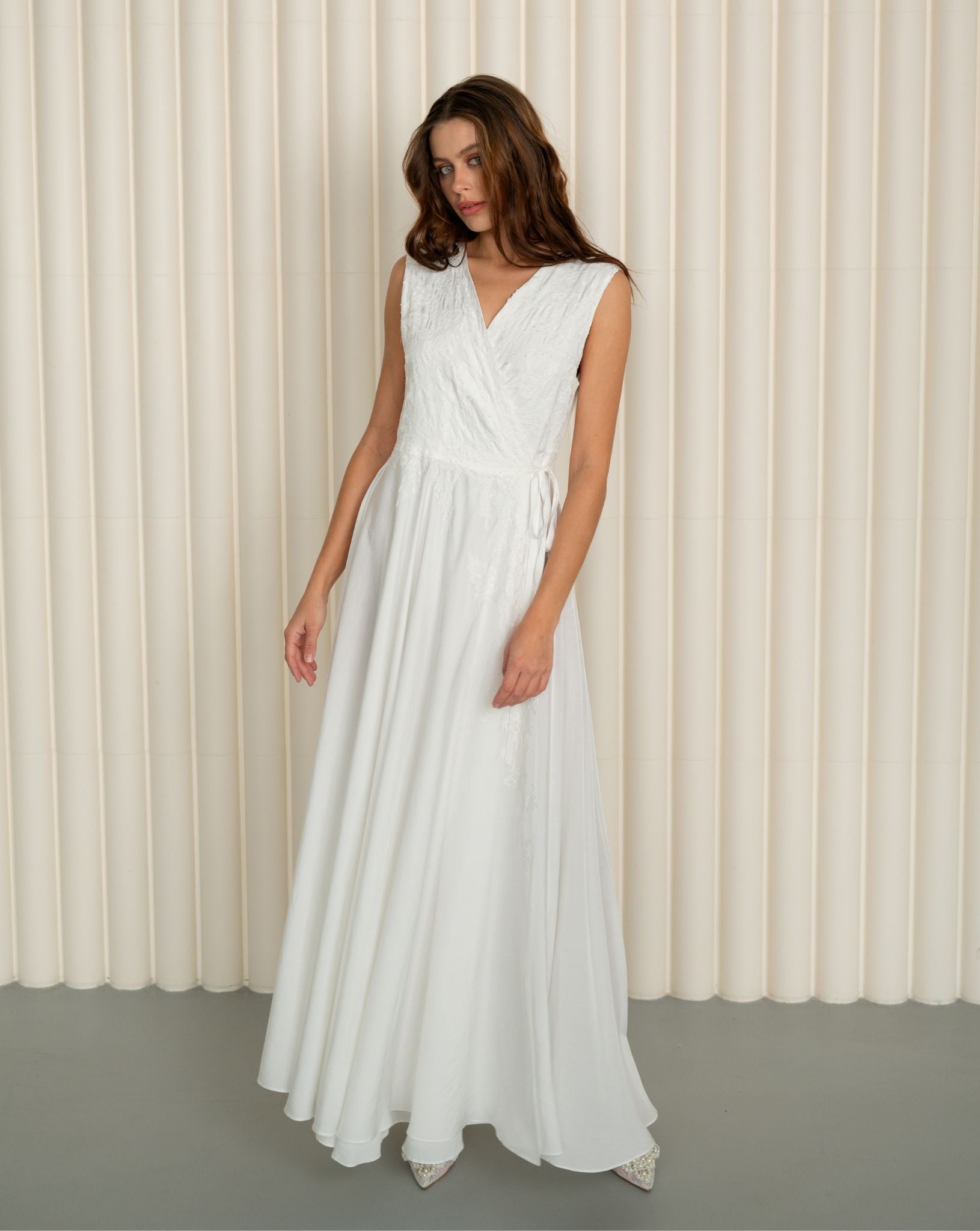 Frontal view of the maternity cotton nightgown, showcasing the wrap-over style and its comfortable fit.