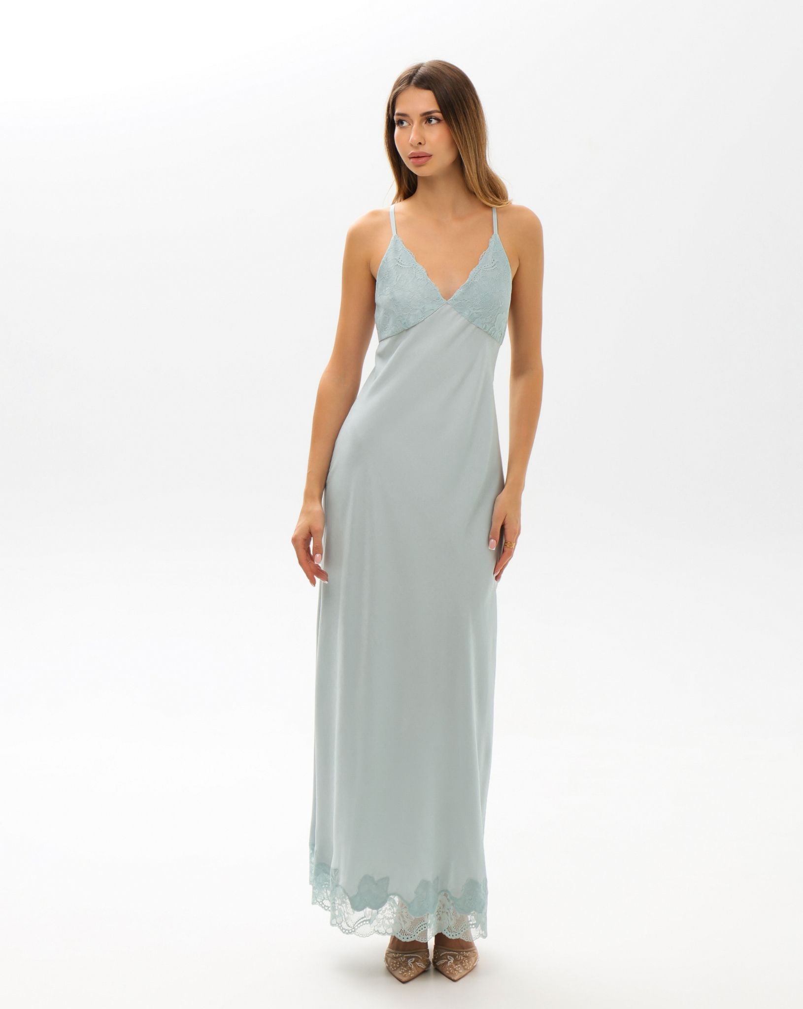 Front view of the 100% viscose nightgown, highlighting the subtle lace accents and elegant, lightweight finish.