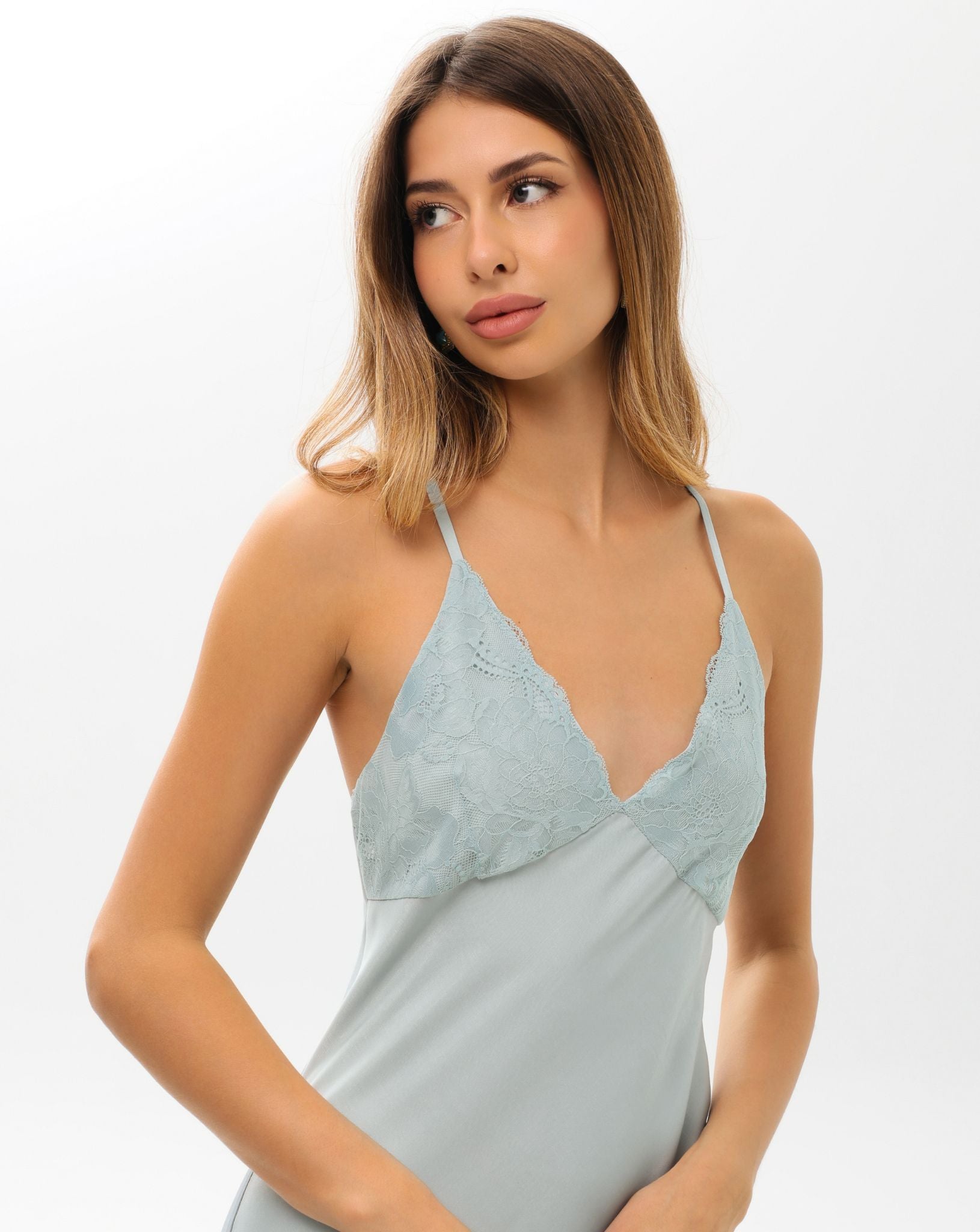 A creative mid-length shot of the Robe and Nightgown Set, capturing the natural sheen and refined beauty of the set.