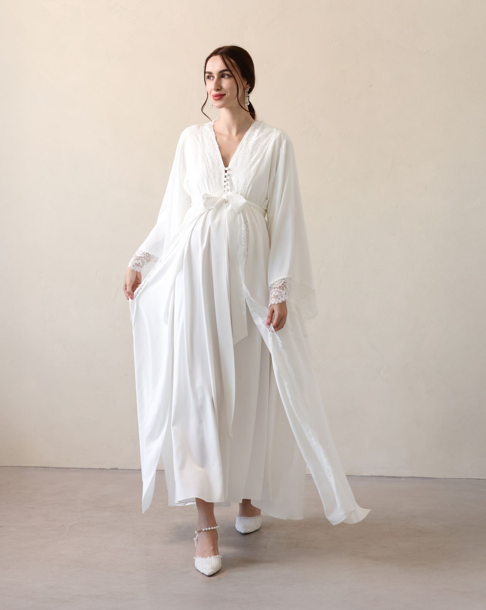 Dynamic view of the lightweight fabric flowing freely, providing plenty of room for ease and movement at home.