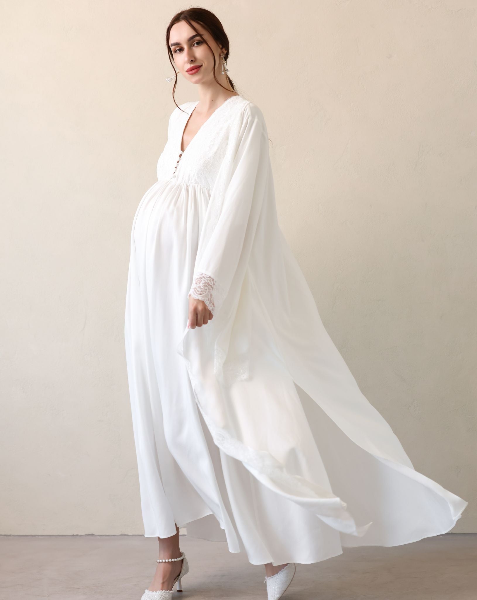 A flowing Robe and Nightgown Set in motion, showcasing the light and gentle cotton fabric that moves naturally.