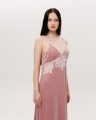 Mid-length shot of the long nightgown, featuring bias-cut lines that drape gracefully over the body.