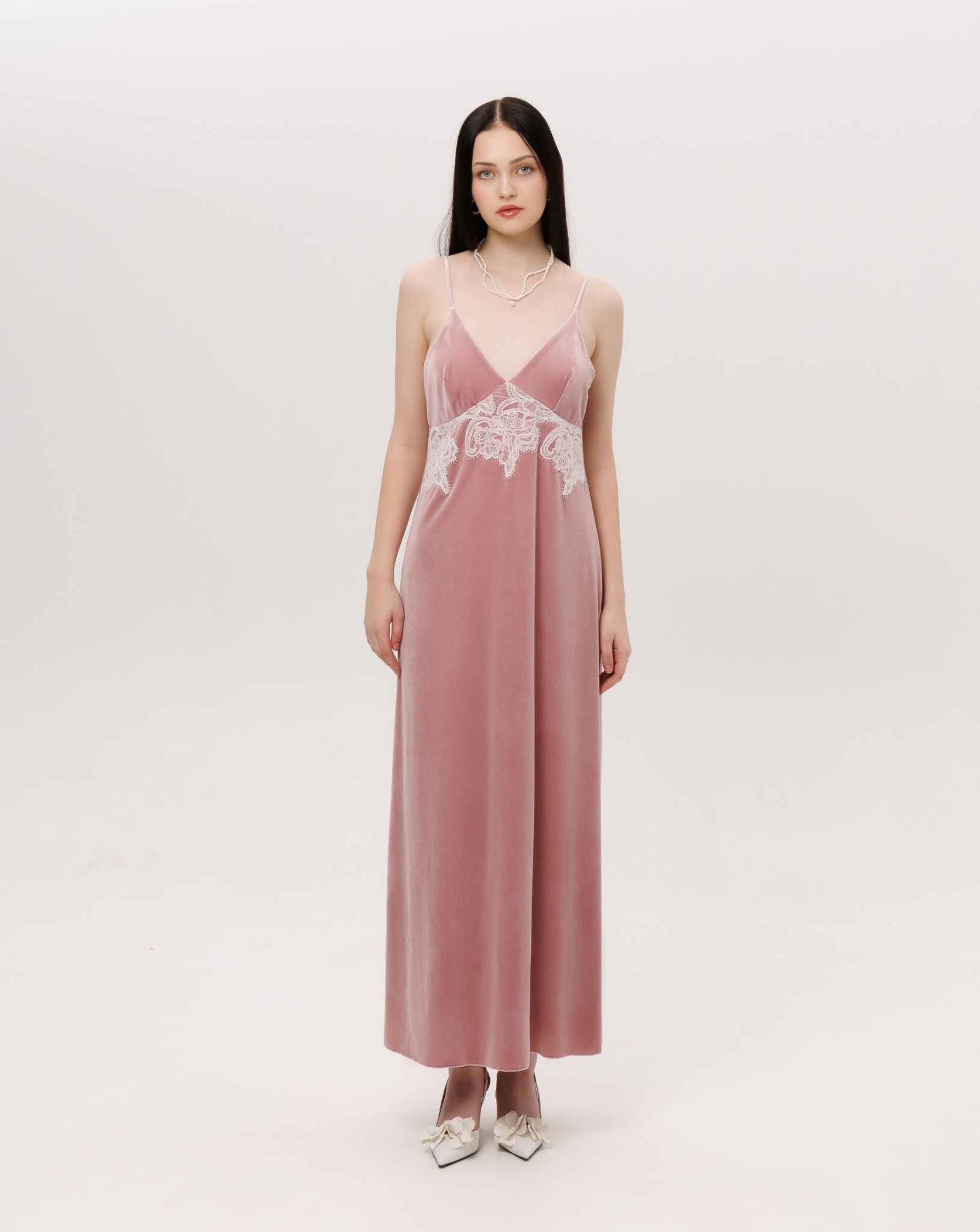 Frontal view of the nightgown, emphasizing the regal presence and flowing silhouette of the fabric.