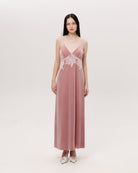 Frontal view of the nightgown, emphasizing the regal presence and flowing silhouette of the fabric.