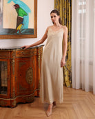 Frontal view of the nightdress featuring adjustable shoulder straps and lace with a subtle, elegant shimmer.