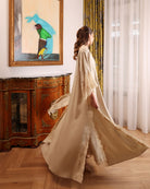 A dynamic turn showcasing how the fabric moves effortlessly with every step, creating a sense of calm movement.