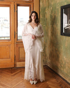 Luxurious Silk Robe and Nightgown Set featuring wide airy sleeves adorned with intricate floral lace patterns.